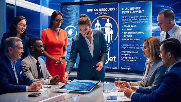Employees attending a training session on AI ethics and compliance. The image shows a diverse group actively participating in the discussion, with a screen in the background displaying key points about Understanding the New Federal Guidelines for AI Implementation in US Businesses by January 2025.