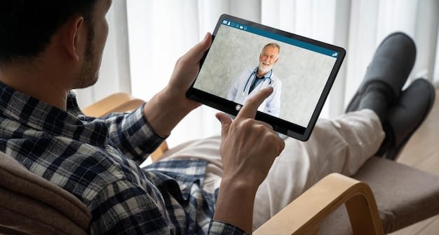 A doctor conducting a virtual consultation with a patient via a tablet, set against a backdrop of a rural landscape, demonstrating the reach of telehealth in bridging geographical barriers and improving healthcare access. This image highlights the practical benefits of the policy reforms being discussed - decoding the newest US healthcare policy reforms and what it means for coverage in 2025.