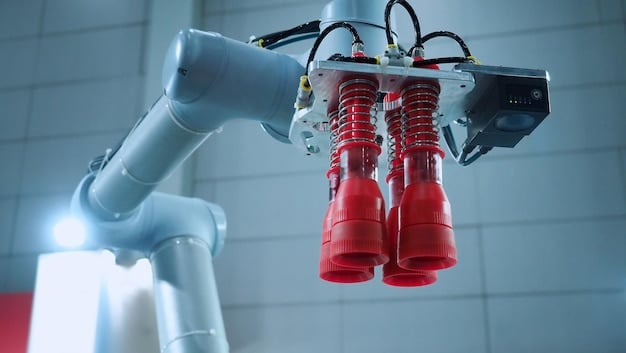 A close-up shot of a robotic arm in a manufacturing plant, precisely assembling components with minimal waste. In the background, screens display real-time data on energy consumption and emissions. This represents technological innovations in manufacturing, specifically related to The Impact of the 2025 US Environmental Protection Agency (EPA) Regulations on Manufacturing.