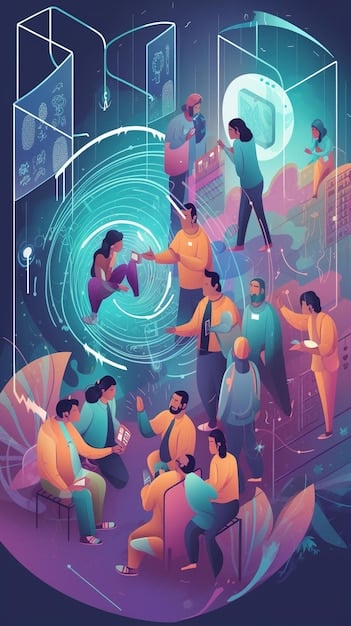 A conceptual illustration depicting a group of people working collaboratively on a futuristic tech project, with visual cues suggesting open-source collaboration and diverse innovation.
