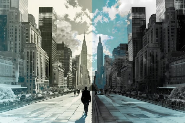 A split image comparing a prosperous, bustling city scene on one side, symbolizing economic growth and employment, versus a struggling, desolate town on the other side, symbolizing economic decline and unemployment. This represents the economic factors influencing policy decisions related to The Future of US Social Security Policy What to Expect in the Next 5 Years.