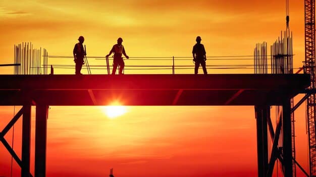 A construction site with workers building a bridge, emphasizing the job creation aspect of the new US transportation policy. The workers are wearing safety gear and using modern equipment. Renewable energy resources construction visible in background.