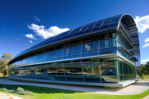 A modern office building with solar panels on its roof, representing businesses investing in renewable energy incentivized by government policy and showcasing Understanding the Latest US Policy on Renewable Energy Incentives for 2025.