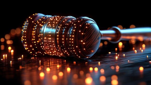 A close-up of a gavel striking a sound block, with binary code subtly overlaid on the surface of the gavel. The image represents the legal and judicial aspects of US Policy on Artificial Intelligence: Navigating the Ethical and Legal Landscape.