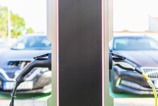 A close-up image of a modern electric car charging at a public charging station, with a green, leafy background suggesting environmental consciousness. The car is sleek and futuristic, highlighting the transportation industry's shift towards electric vehicles in response to 'How the New US Policy on Climate Change Affects Businesses and Consumers'.