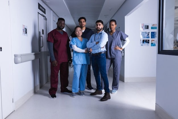 A diverse group of people smiling confidently, holding hands in front of a modern healthcare facility, symbolizing accessible and affordable care.