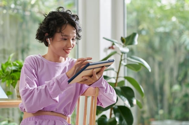 A person engaging in a therapeutic session via a tablet, with a backdrop of calm, nature-inspired decor, highlighting accessible and integrated mental healthcare.
