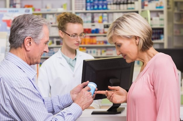 A pharmacist explaining prescription drug labels to an elderly patient, with a digital display in the background showing reduced medication costs and accessibility icons.