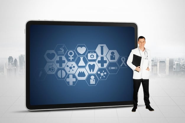A patient consulting with a doctor via a tablet, with medical icons floating around them, representing the seamless integration of digital health solutions.
