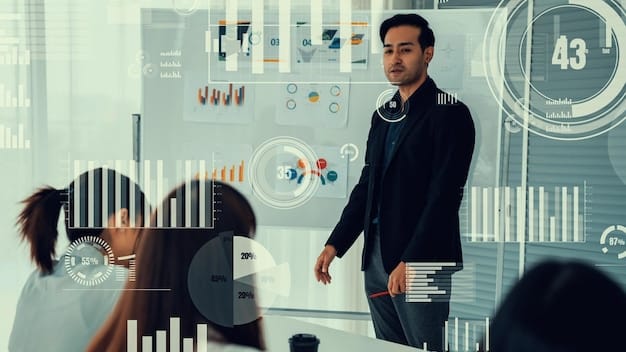 A professional interacting with a complex data visualization dashboard, demonstrating data analytics and AI insights to make strategic business decisions.