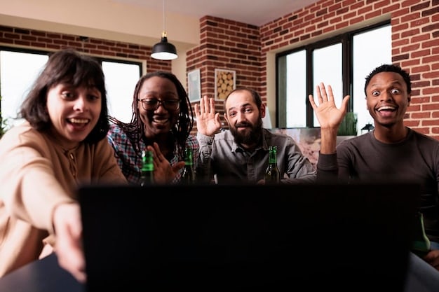 Remote team members engaged in a virtual happy hour or game session on a video call, laughing and interacting casually, depicting strong social connection.