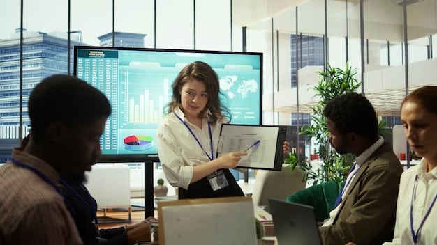 A diverse group of professionals in a modern office collaborating around a digital dashboard displaying cybersecurity metrics and threat intelligence, symbolizing a collective, proactive approach to digital defense.