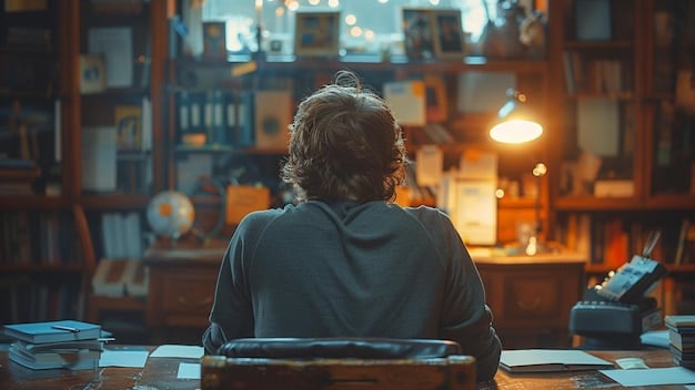 A person thoughtfully looking into the distance, representing perseverance and overcoming challenges in a learning context, possibly after a short break from studying.