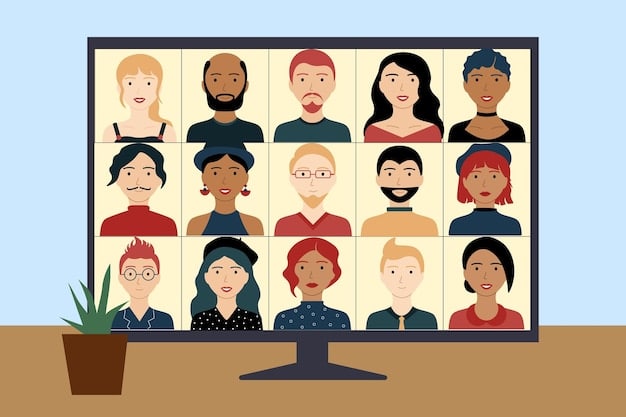 A diverse group of stylized avatars collaborating in a sleek virtual conference room. One avatar is interacting with a holographic display, another is gesturing, and others are observing with engaged expressions.