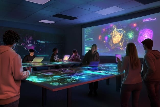 A futuristic classroom environment in the metaverse, with diverse avatars collaborating on a holographic project. One avatar is teaching, another is taking notes on a virtual pad, and others are engaged in discussions.