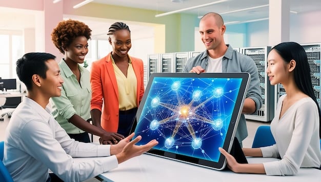 A diverse group of young professionals actively collaborating around a large digital display showing blockchain network diagrams, with a sense of innovation and teamwork in a modern office.