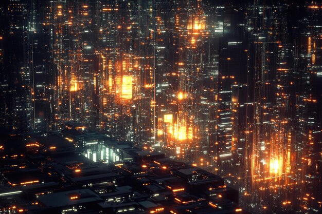 A futuristic cityscape with glowing data streams connecting buildings, symbolizing the pervasive integration of blockchain technology into everyday infrastructure, with a diverse group of people representing a global workforce collaborating seamlessly.