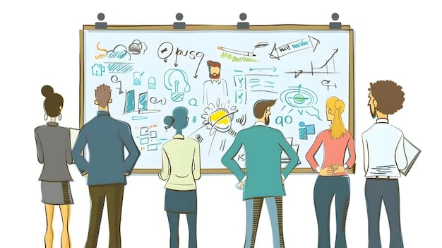A whiteboard with various interconnected concepts and arrows, depicting a dynamic problem-solving session with several people collaborating around it actively.