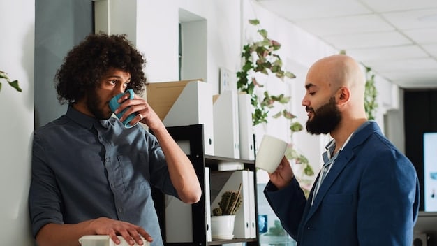 Two colleagues in a modern office deeply engaged in conversation, one actively listening to the other, both displaying expressions of understanding and empathy, with subtle tech elements like holographic screens in the background.