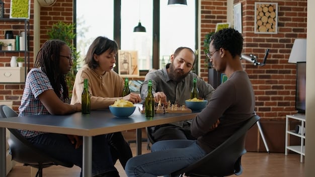 A diverse team collaborating around a table, actively listening and engaging. One member points to a complex flowchart on a screen, while others lean in with thoughtful expressions, emphasizing communication and problem-solving through human connection.