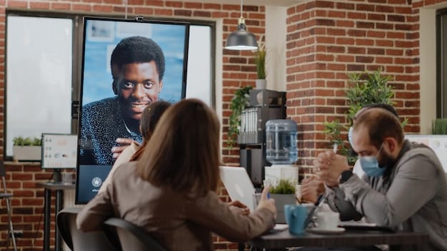 A virtual team meeting with diverse participants on screen, showcasing seamless digital collaboration and engagement.