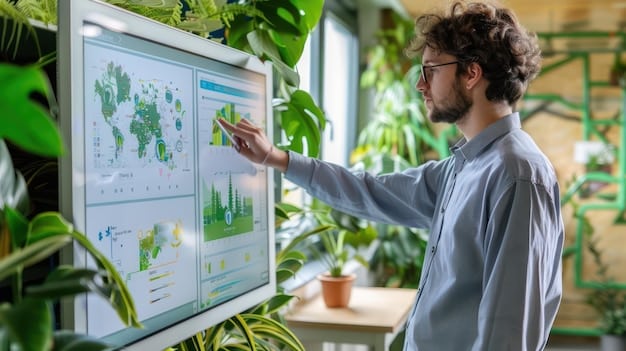 A professional looking at a dashboard displaying various environmental metrics like carbon emissions, water consumption, and waste generation, symbolizing data analysis in sustainability.