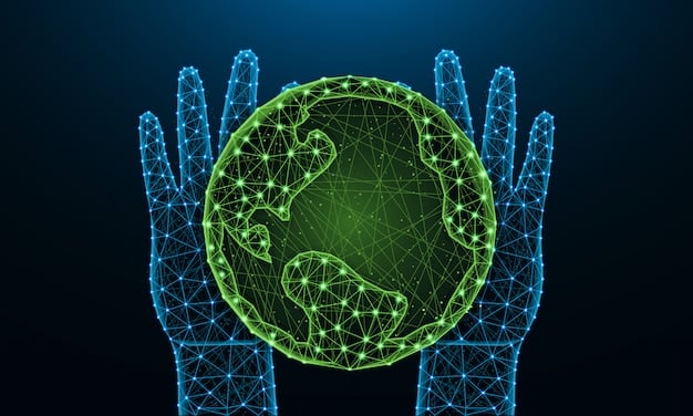 A person's hand interacting with a holographic display showing interconnected nodes representing supply chains and energy flows, indicating the use of advanced digital tools in sustainability.