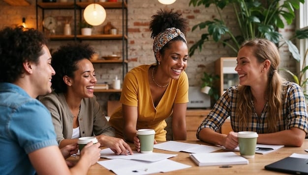A diverse group of people sitting around a table, actively listening and taking notes, with a whiteboard in the background displaying a mind map of collaborative problem-solving ideas, representing future negotiation skills.
