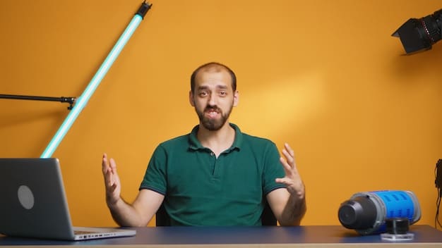 A person confidently speaking into a professional webcam setup, with good lighting and a clean, branded background, illustrating effective virtual presentation.