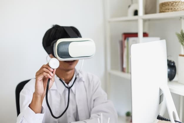 A doctor wearing a headset and using augmented reality to view a patient's medical records during a consultation. The scene highlights the integration of technology in patient care, emphasizing The Future of Healthcare: Essential Tech Skills for Medical Professionals.