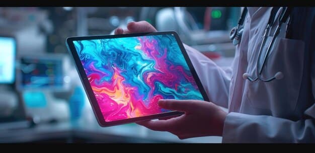 A doctor reviewing an AI-generated report on a tablet, with a holographic representation of a DNA strand floating above, illustrating the use of AI in personalized medicine and The Future of Healthcare: Essential Tech Skills for Medical Professionals.
