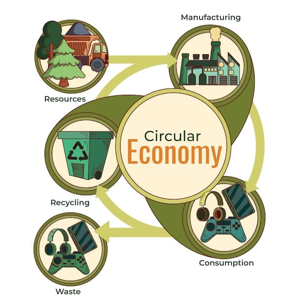 A graphic illustrating a circular economy model, showing the flow of materials and resources through various stages, including design, production, consumption, and recycling/reuse. Arrows indicate the continuous loop of resources.