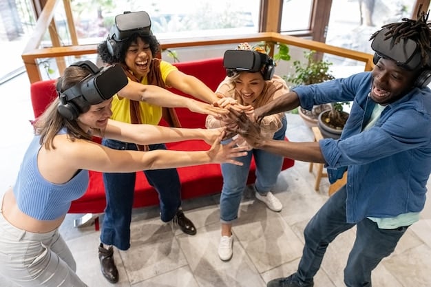 Diverse students are collaborating on a virtual reality project, wearing headsets and using hand controllers. The scene is set in a modern classroom, and the students are fully immersed in the experience, demonstrating innovative, inclusive, and immersive educational technology that's a potential look at the future of education.