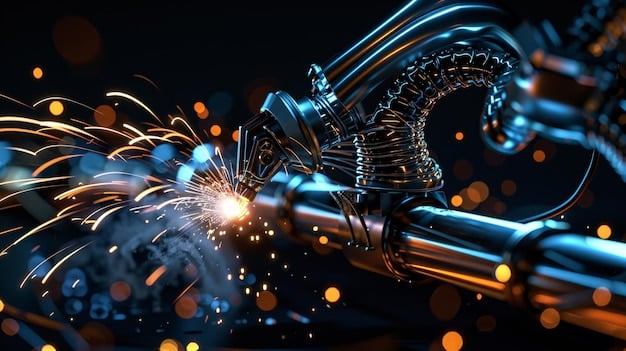 A close-up of a robotic arm welding components together in a manufacturing setting. Sparks are flying, and the robotic arm is precisely positioned. The background shows other automated machines and workers monitoring the process. This illustrates the practical application of Robotics and Automation: Skills for the Future of Manufacturing.