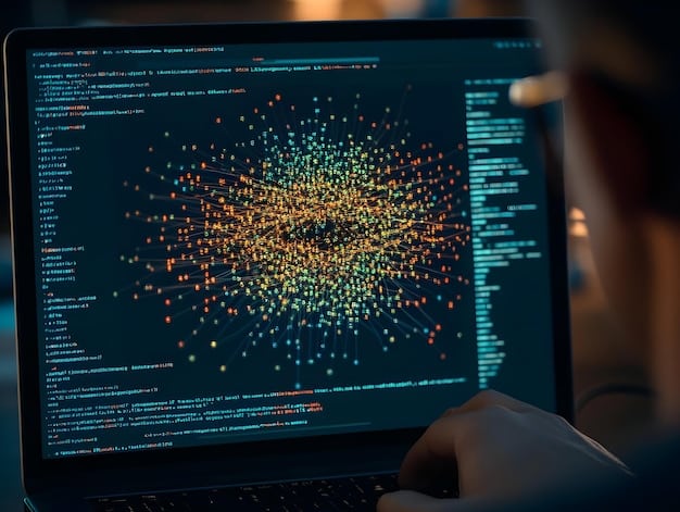 A close-up of a code editor showing Python lines related to machine learning algorithms, with abstract data visualizations in the background, representing AI development.