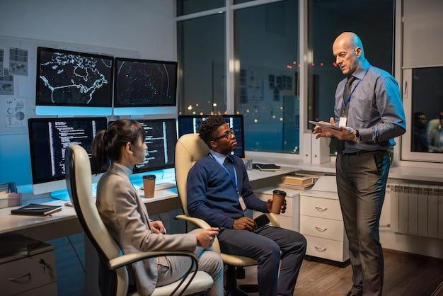 A diverse group of data scientists and AI engineers collaborating in a modern tech office, analyzing complex data visualizations on multiple screens.