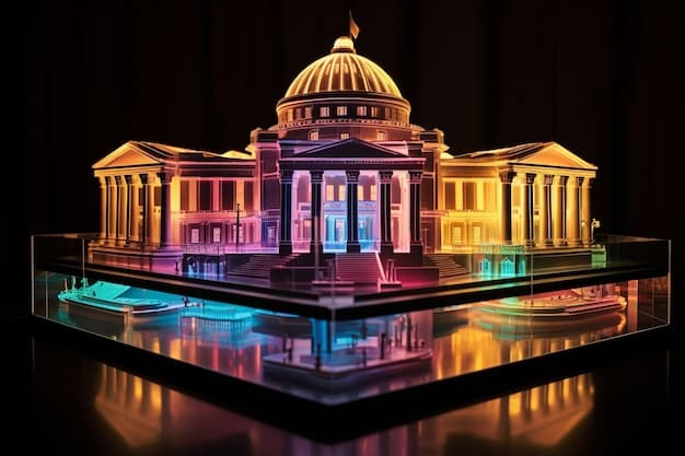 A stylized depiction of a federal courthouse or legislative building, with blurred social media logos in the background, symbolizing governmental oversight on tech giants.