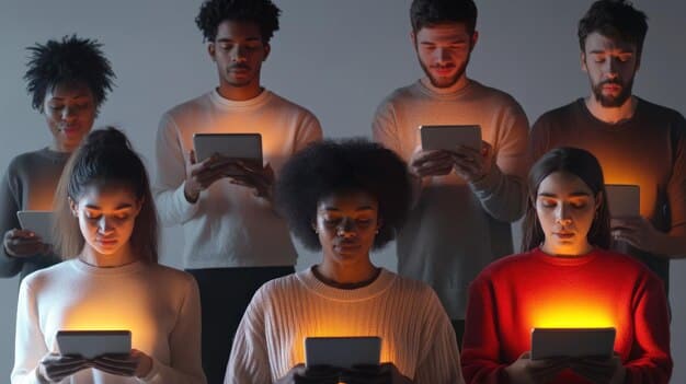 A diverse group of people engaging with various social media apps on their phones, each surrounded by a subtle digital shield icon, representing collective data privacy protection.