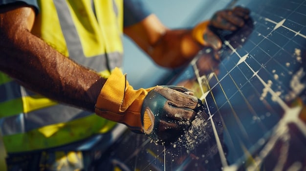 A close-up shot of an experienced solar panel installer's hands connecting wires on a solar inverter, with safety gloves and tools clearly visible. The background shows a portion of a residential roof with installed solar panels and a blue sky.