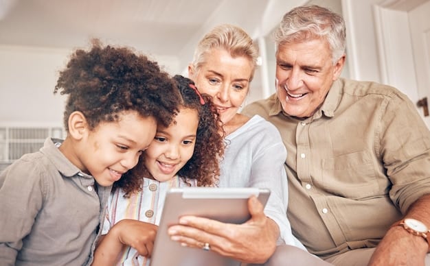 A family, including two adults and a child, smiling while looking at a tablet displaying real-time energy production data from their home's solar panels. The background shows a bright, modern living room with natural light.