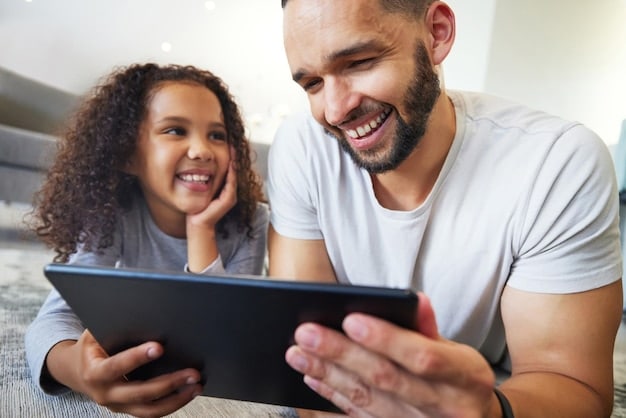 A family, a couple with a child, smiling while looking at a tablet displaying a home energy monitoring app, with a subtle backdrop of solar panels on a roof. This conveys smart energy management and family benefits.