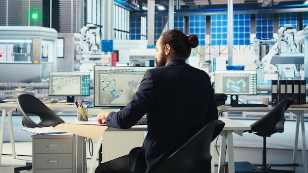 A person looking at a screen filled with code and data visualizations, with a robotic arm in the background, symbolizing the integration of AI/ML into remote work.