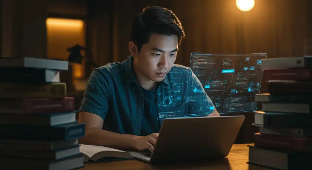 Person learning cybersecurity on a laptop, surrounded by educational materials