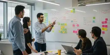 Professionals collaborating in a design thinking workshop, fostering innovation and career growth