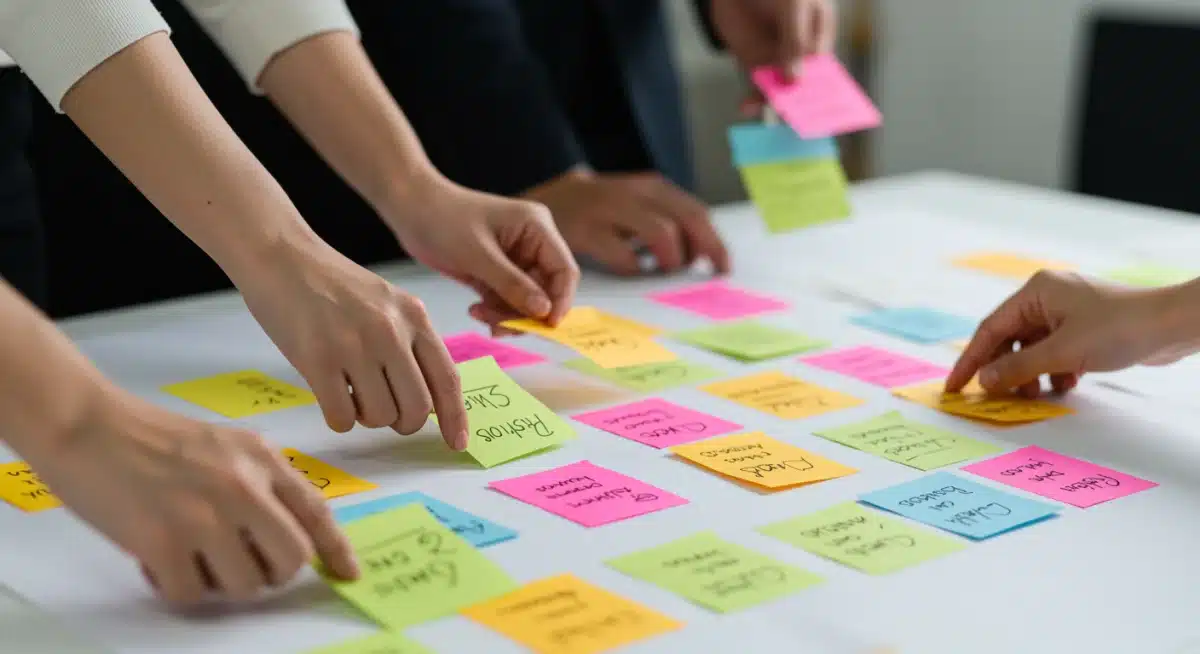 Hands arranging sticky notes during a design thinking ideation session