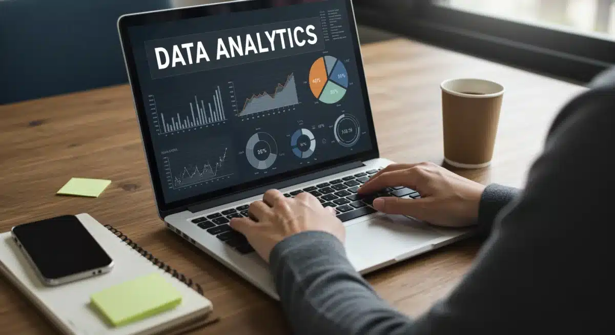 Individual studying data analytics on a laptop, focused on skill development.