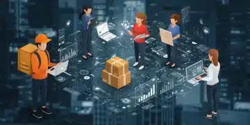 Diverse gig workers collaborating in a dynamic digital landscape, symbolizing adaptability.