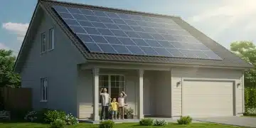 Modern home with solar panels and a family, symbolizing federal solar rebates and energy savings in 2026.