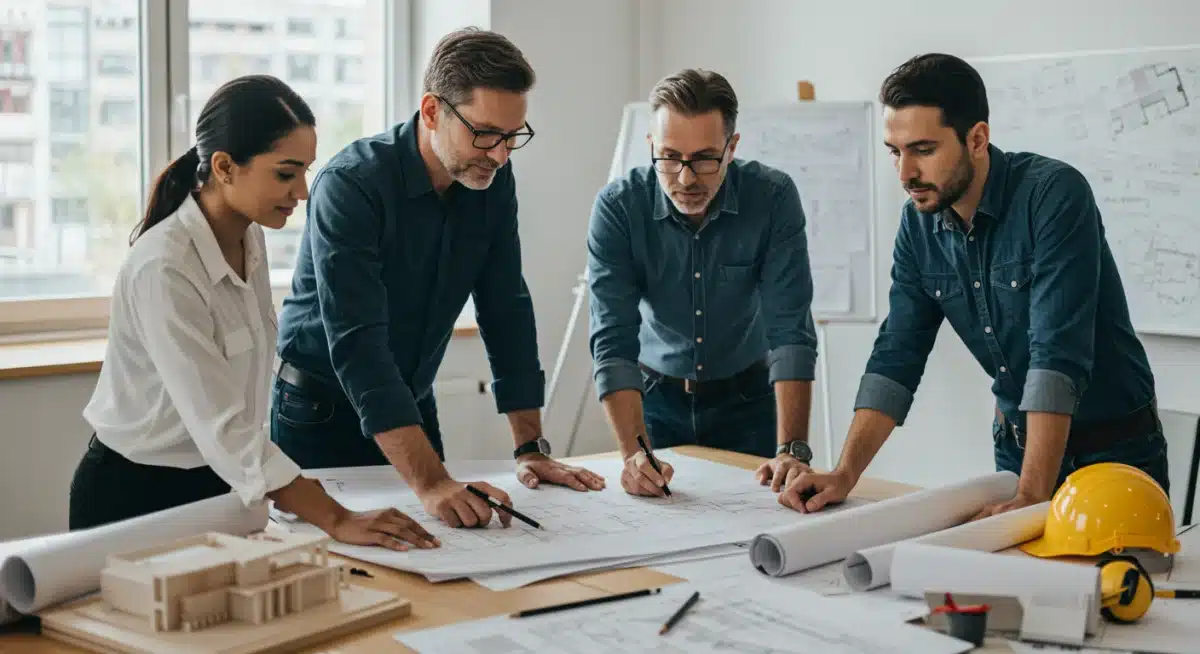 Architects and engineers reviewing sustainable building blueprints for energy efficiency.