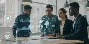 Small business owners analyzing carbon credit data for emission offset strategies